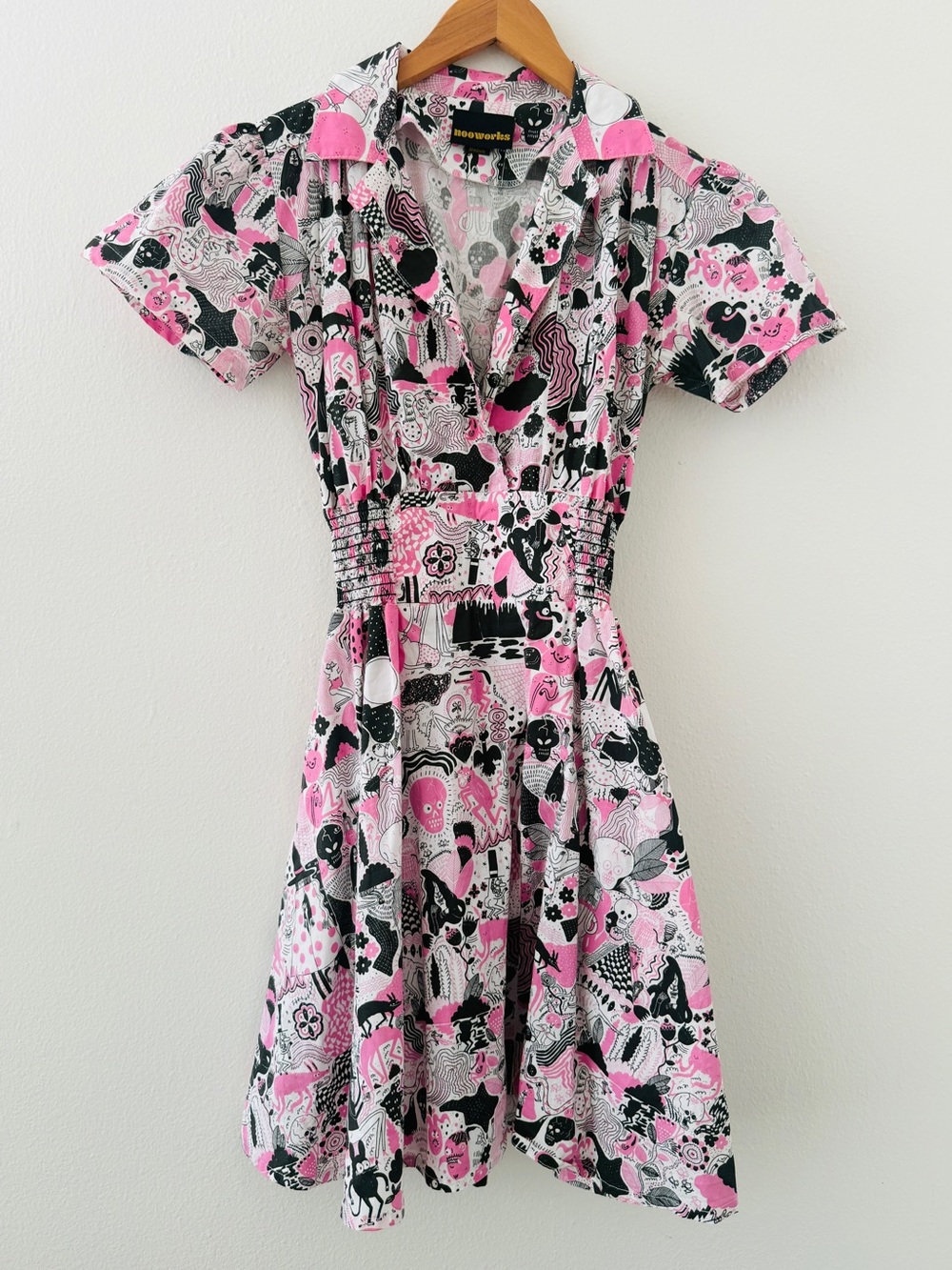 Nooworks Leah Dress Rare Jay Howell Print Womens Large Black Pink Cotton Pockets